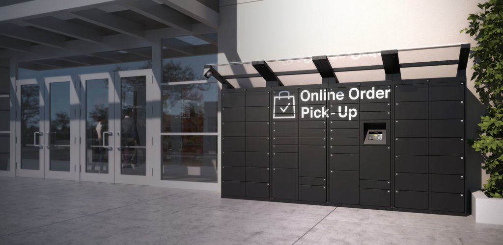 Black smart lockers for retail stores for secure BOPIS order pickup