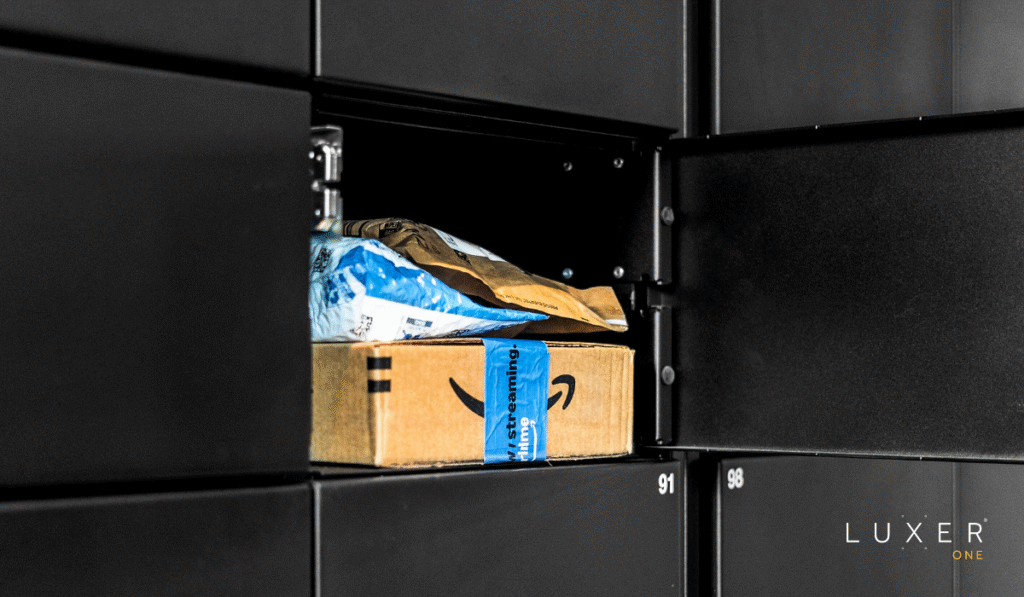 Multiple Amazon packages in an open Luxer One smart locker compartment
