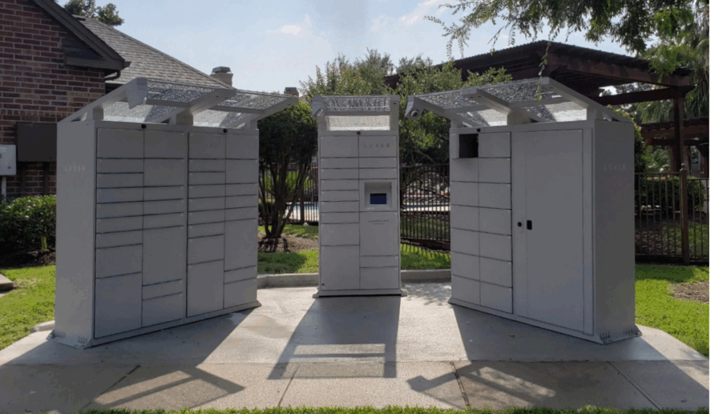 Outdoor Smart Lockers with roof kits from Luxer One after a rain storm