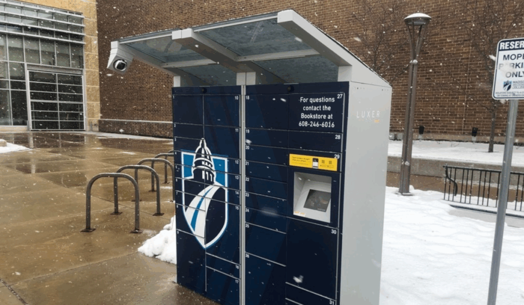 Outdoor smart lockers from Luxer One for libraries on a snowy day