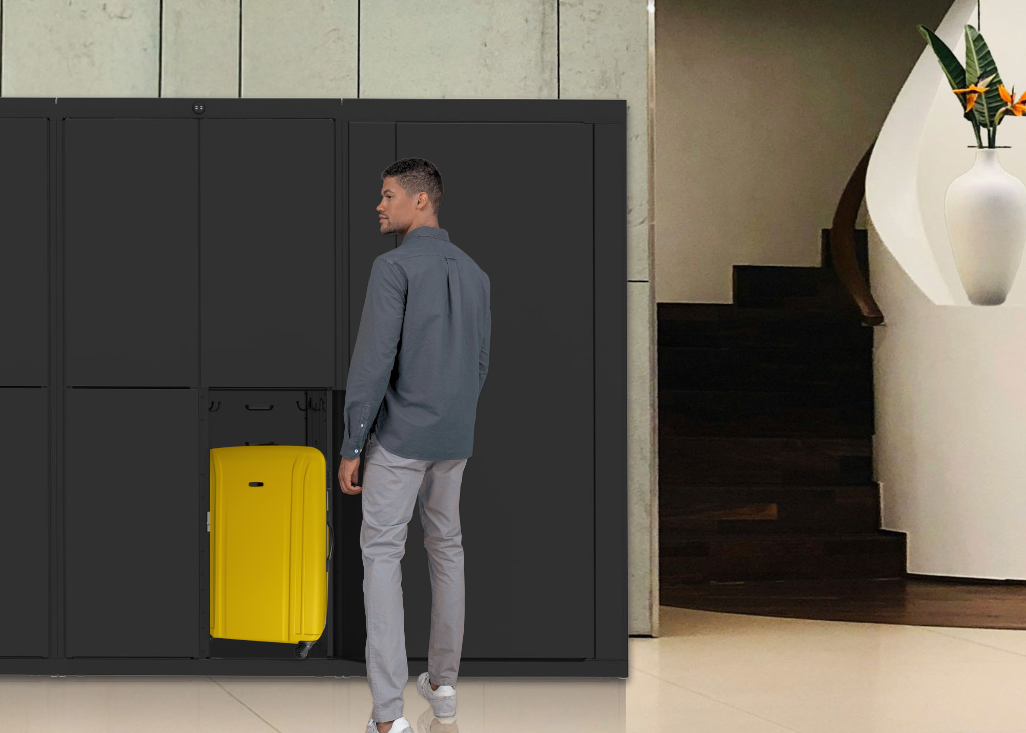 Man storing suitcase in Luxer One smart lockers during hotel stay