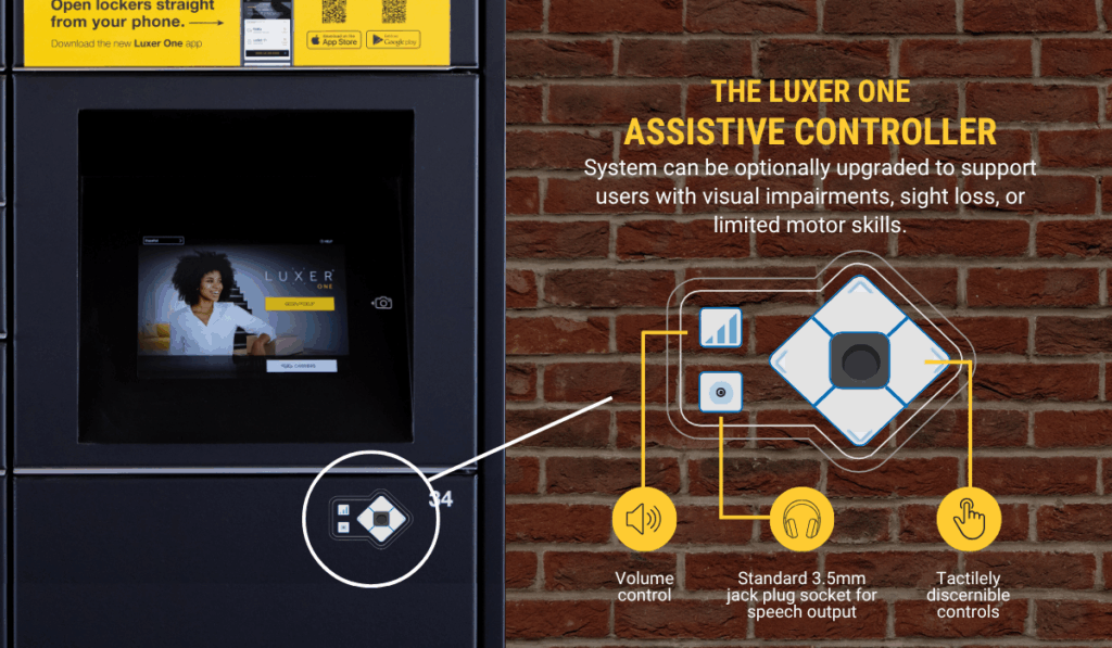 Luxer One's Assistive Controller on the locker showcasing the audio jack, volume control, and tactile buttons