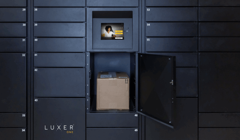 Black smart lockers from Luxer One with open door revealing package