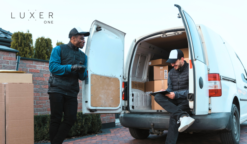 Property manager or staff member talking to delivery driver