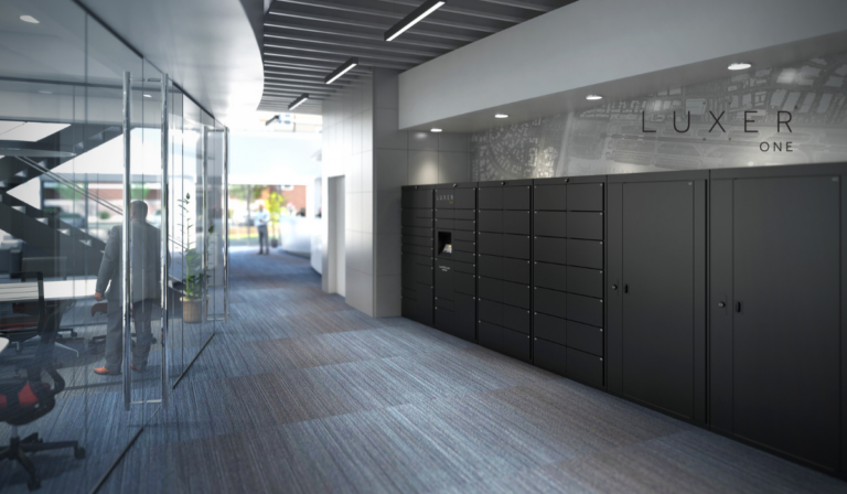 Luxer One Black Smart Lockers in an Office Setting