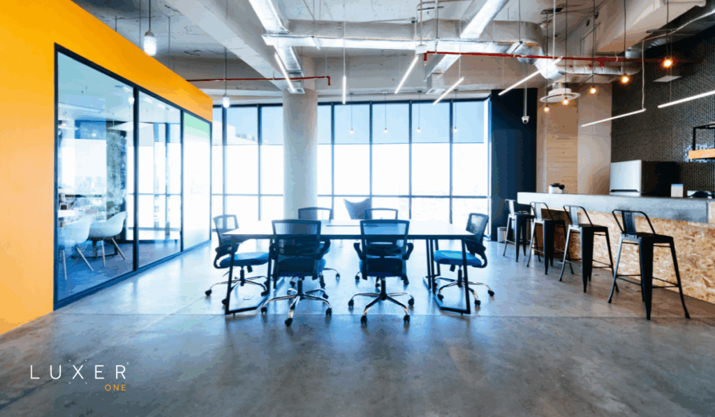 Modern workplace environment featuring a conference room setting