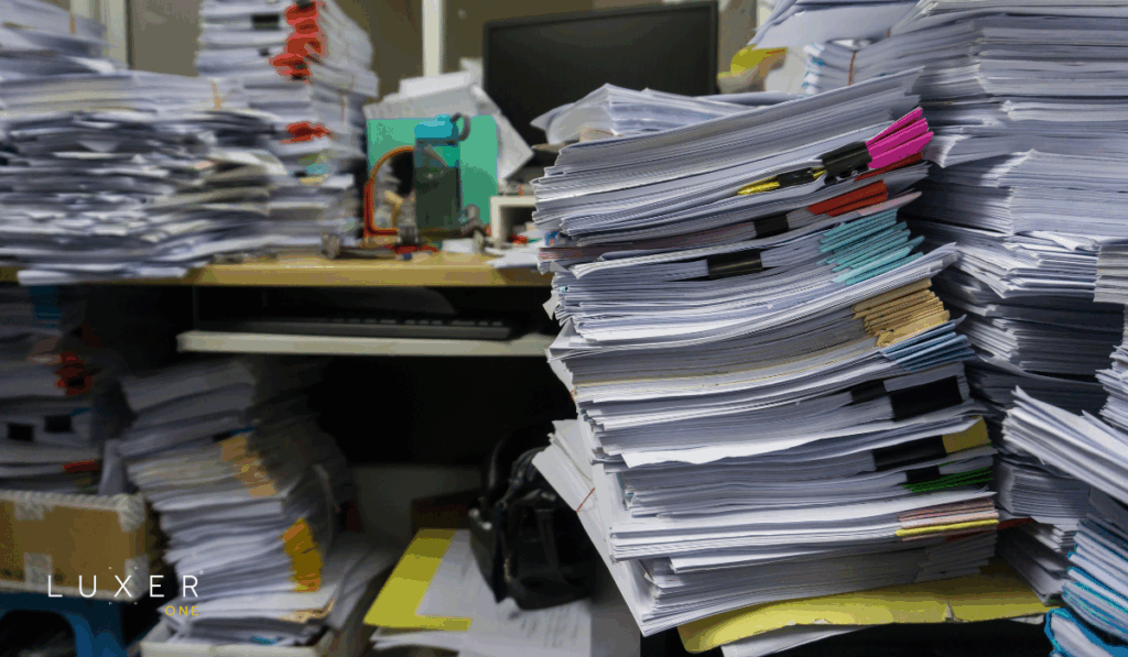 Piles of documents and items on a desk in an office