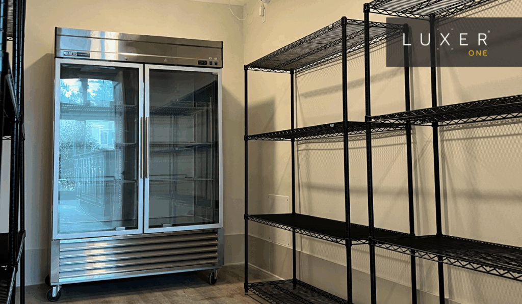 Shelving and fridge inside a Luxer One modern smart package room