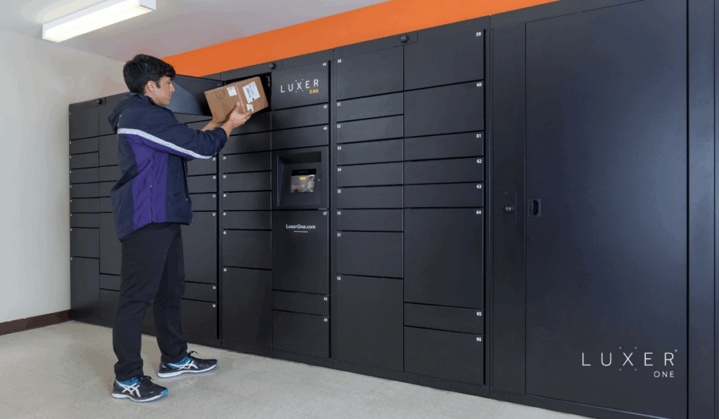 Carrier delivering package to smart parcel lockers from Luxer One