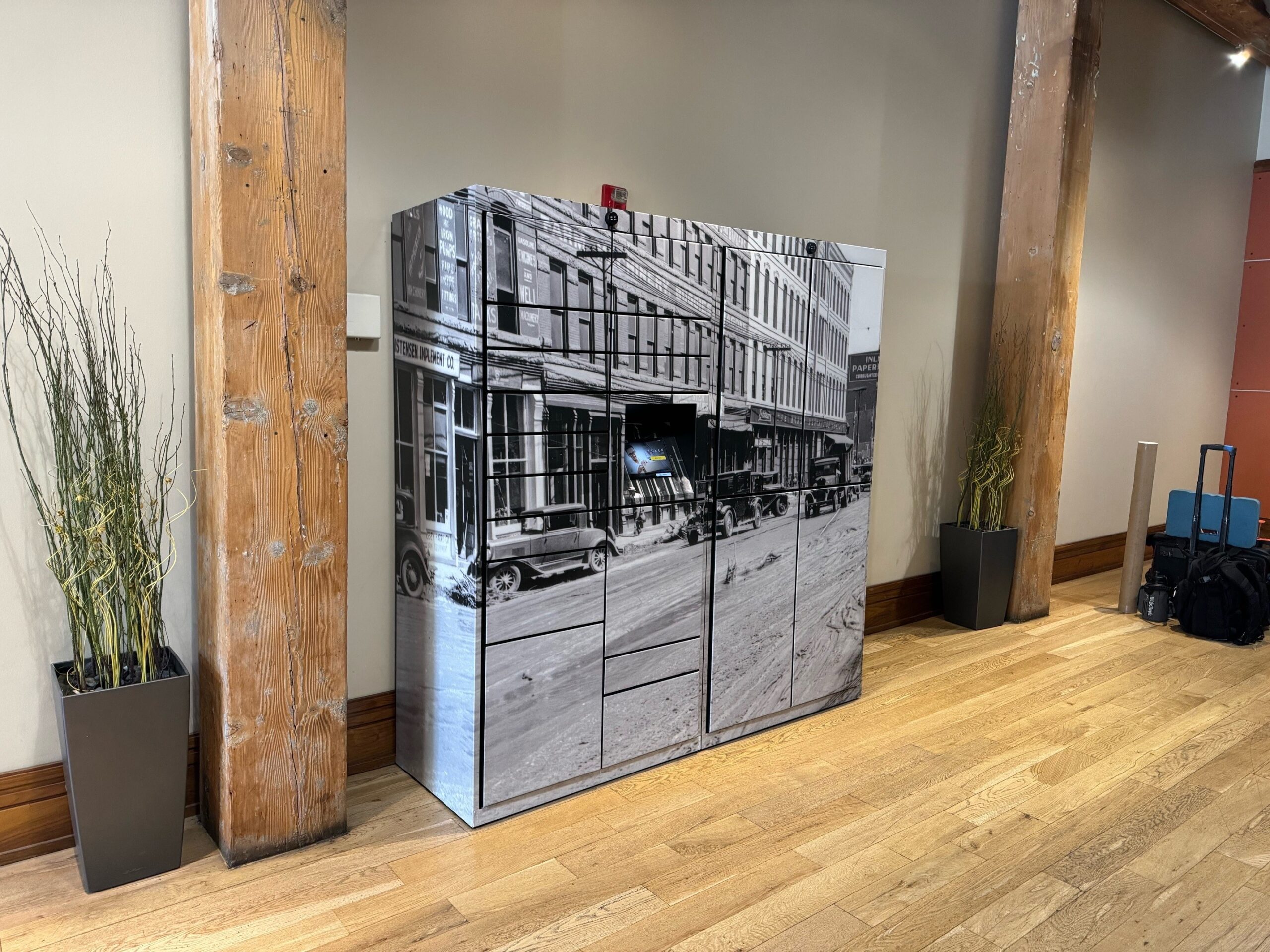 Custom, branded, wrapped smart lockers from Luxer One in lobby