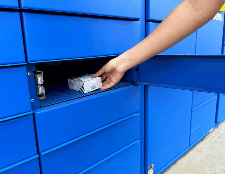 Shopper removing their online purchase from blue BOPIS lockers