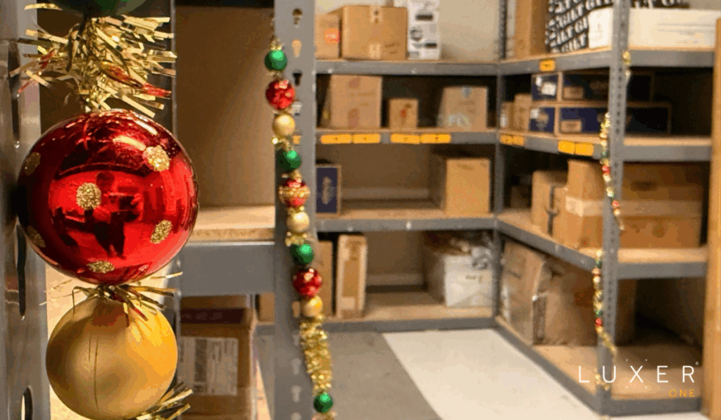 Clean, organized package room decorated for Christmas