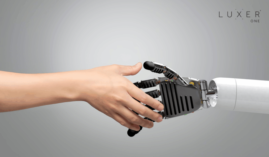 Human hand reaching out to robot hand