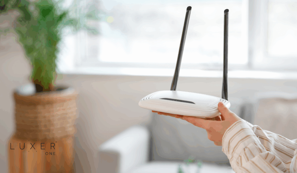 Person holding internet router in apartment setting