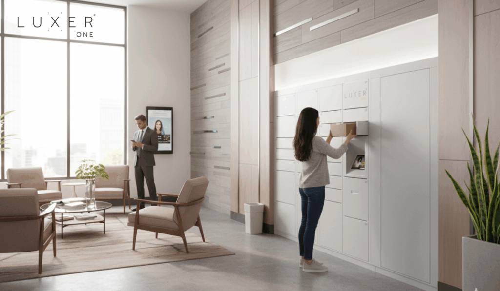 Resident picking up package from Luxer One smart lockers in apartment