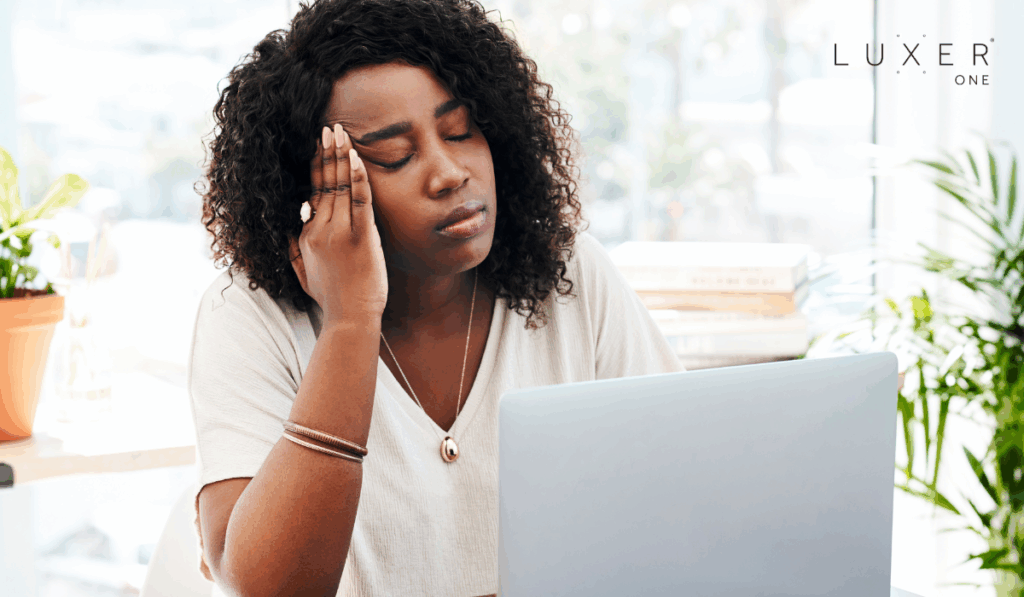 Property manager stressed and overwhelmed at computer