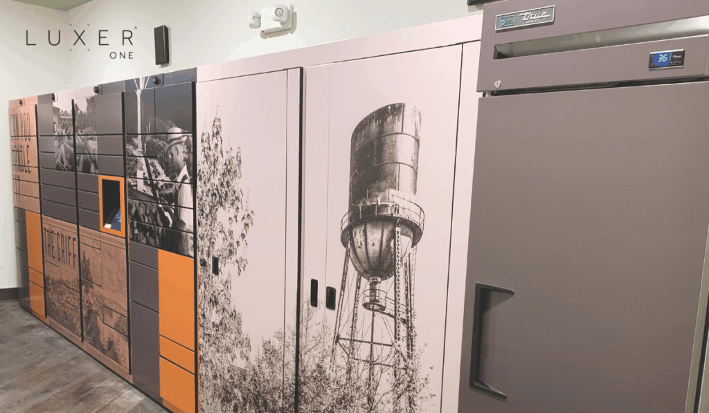 Smart lockers with colorful, branded wrap from Luxer One