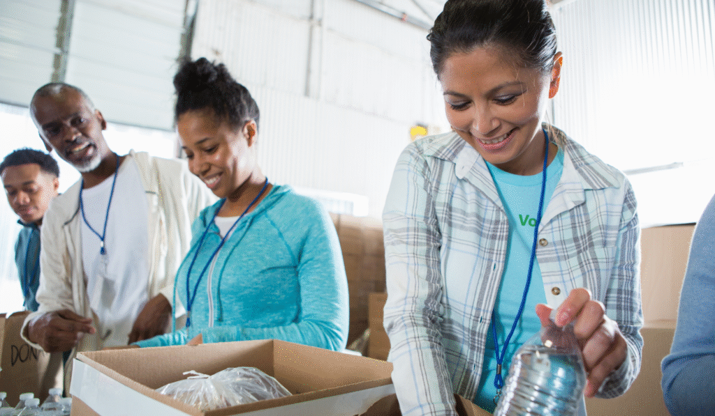 food pantry volunteers handing out food