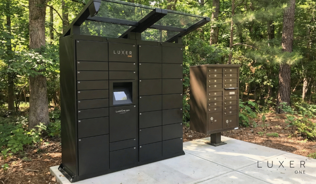 Luxer One outdoor smart package lockers in a build-to-rent community