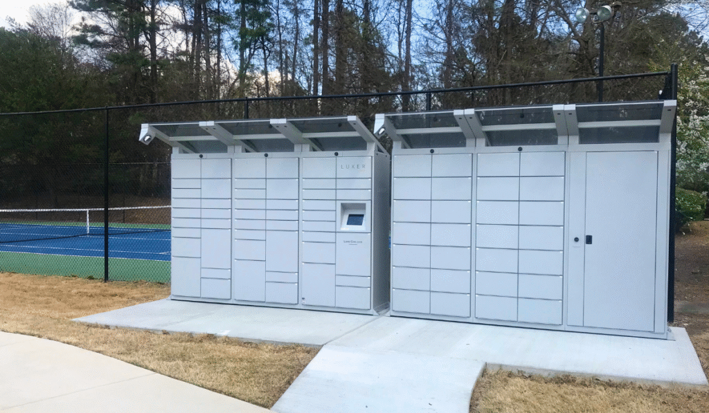 Luxer One, silver, outdoor lockers at garden-style apartment community