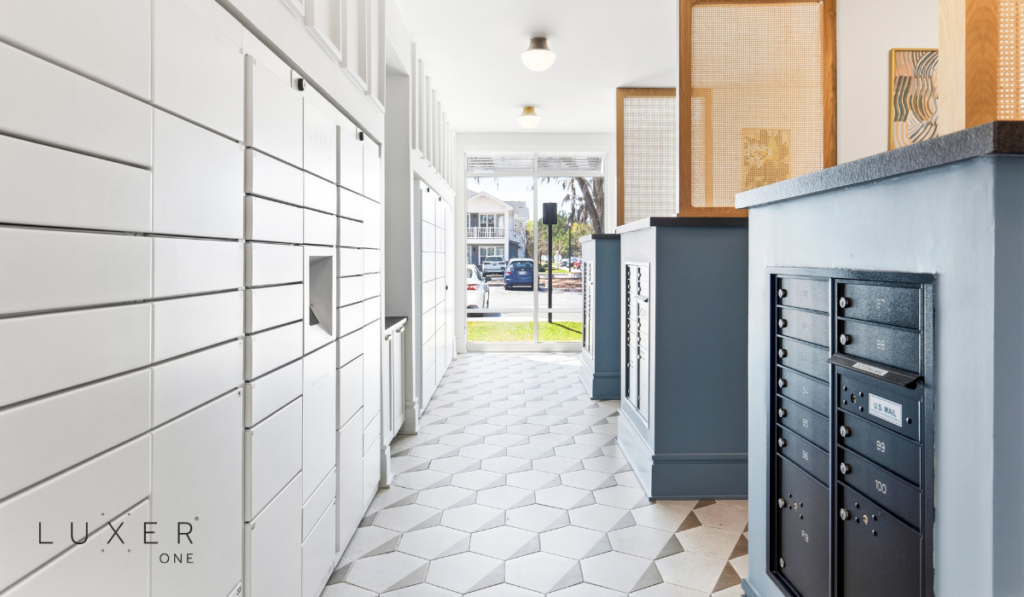 White, smart package lockers in community mail room