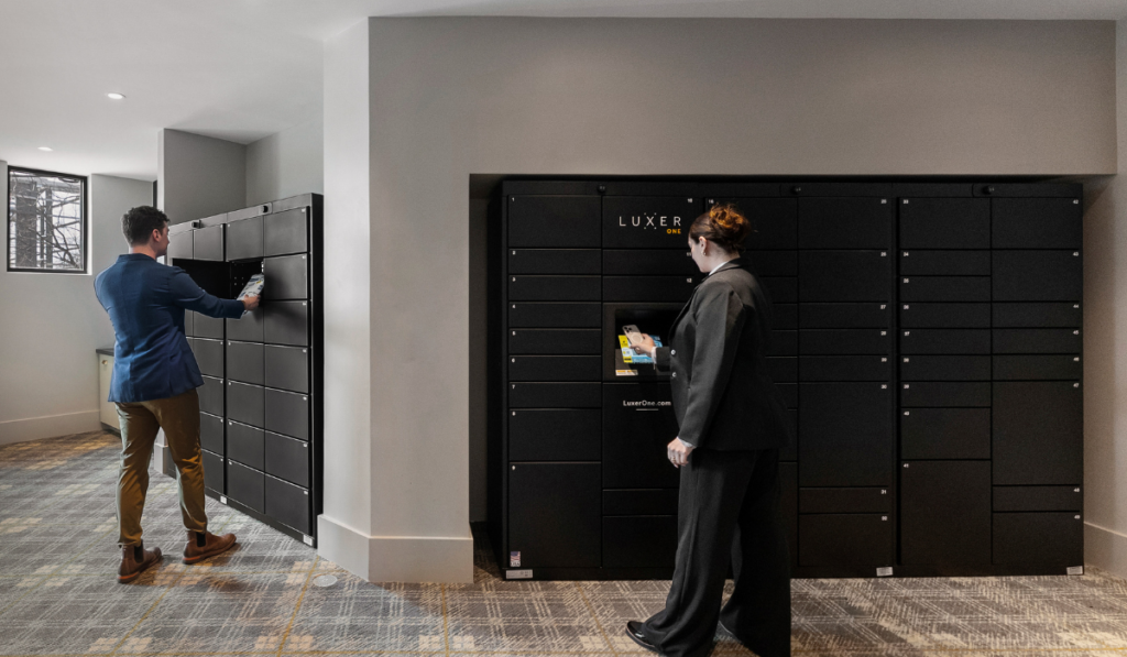 Residents using the Luxer One smart package lockers to get their deliveries