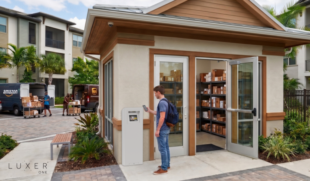 Resident using outdoor smart package room at multifamily community