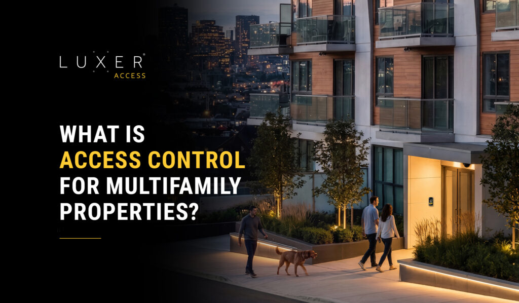 Modern multifamily apartment building with residents approaching a secure access-controlled entrance